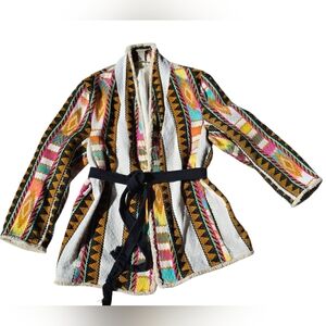 H&M Bold Boho Embroidered Jacket With Fringe Trim & Belt Size S